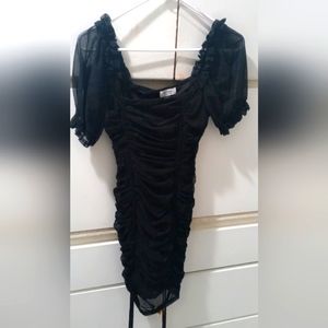 Black Ruched Bodycon Dress with Puff Sleeves